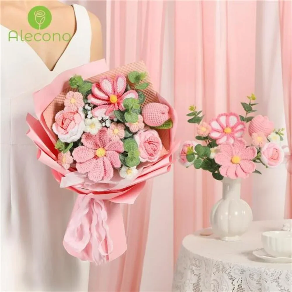 Crochet Flower Bouquet Handmade Pink Knitted Tulips Roses Gifts for Birthday Mot